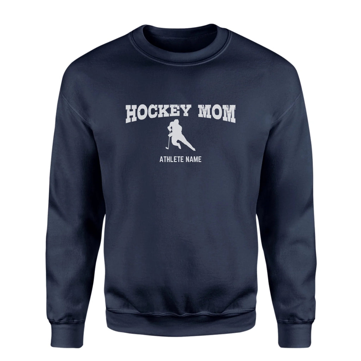 Hockey Mom with Hockey Player Icon and Hockey Player Name on a Sweatshirt with a White Graphic