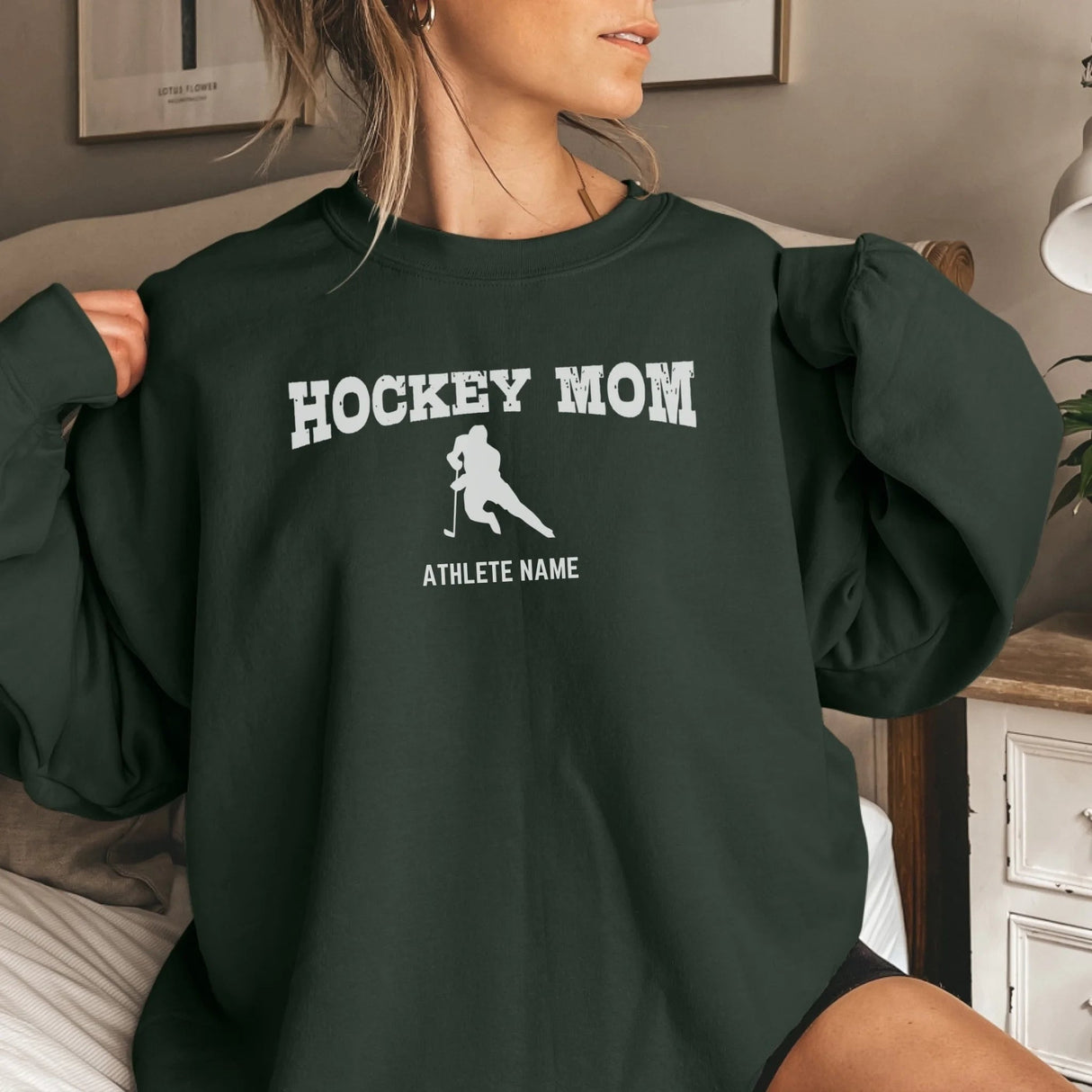 Hockey Mom with Hockey Player Icon and Hockey Player Name on a Sweatshirt with a White Graphic