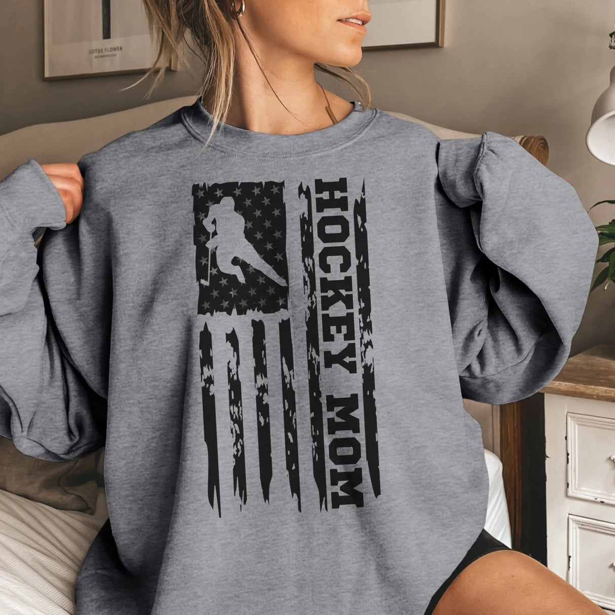 Hockey Mom Vertical Flag on a Sweatshirt with a Black Graphic