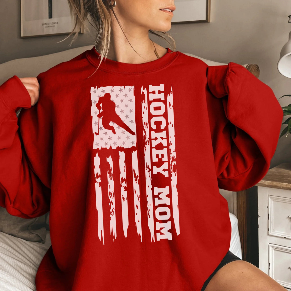 Hockey Mom Vertical Flag on a Sweatshirt with a White Graphic