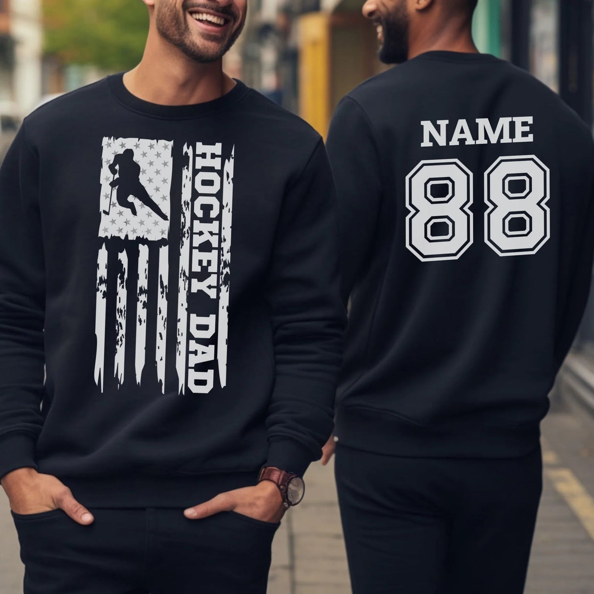 Hockey Dad Vertical Flag With Hockey Player Name on a Sweatshirt with a White Graphic
