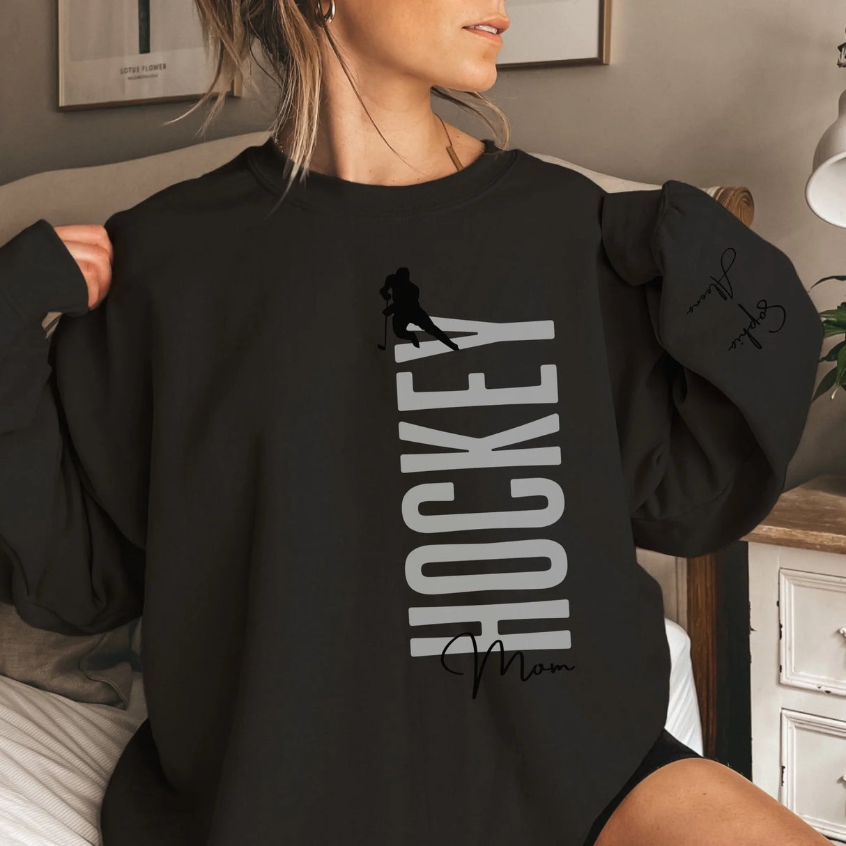 Personalized Hockey Mom on a Sweatshirt With Mascot, Icon, and Hockey Player Name on Sleeve on a Sweatshirt