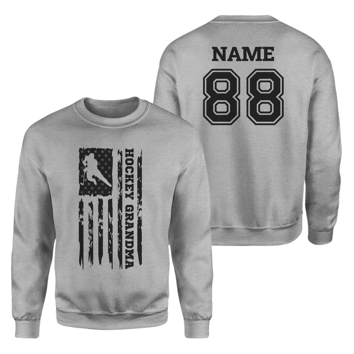 Hockey Grandma Vertical Flag With Hockey Player Name on a Sweatshirt with a Black Graphic