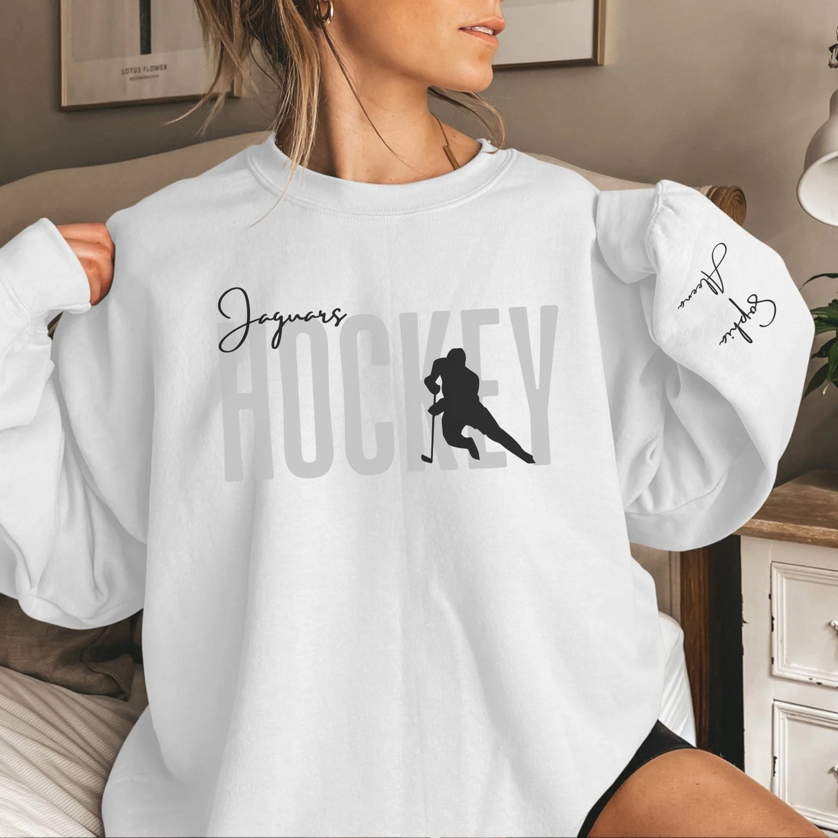 Personalized Hockey on a Sweatshirt With Modern Bold Design and Hockey Player Name on Sleeve on a Sweatshirt