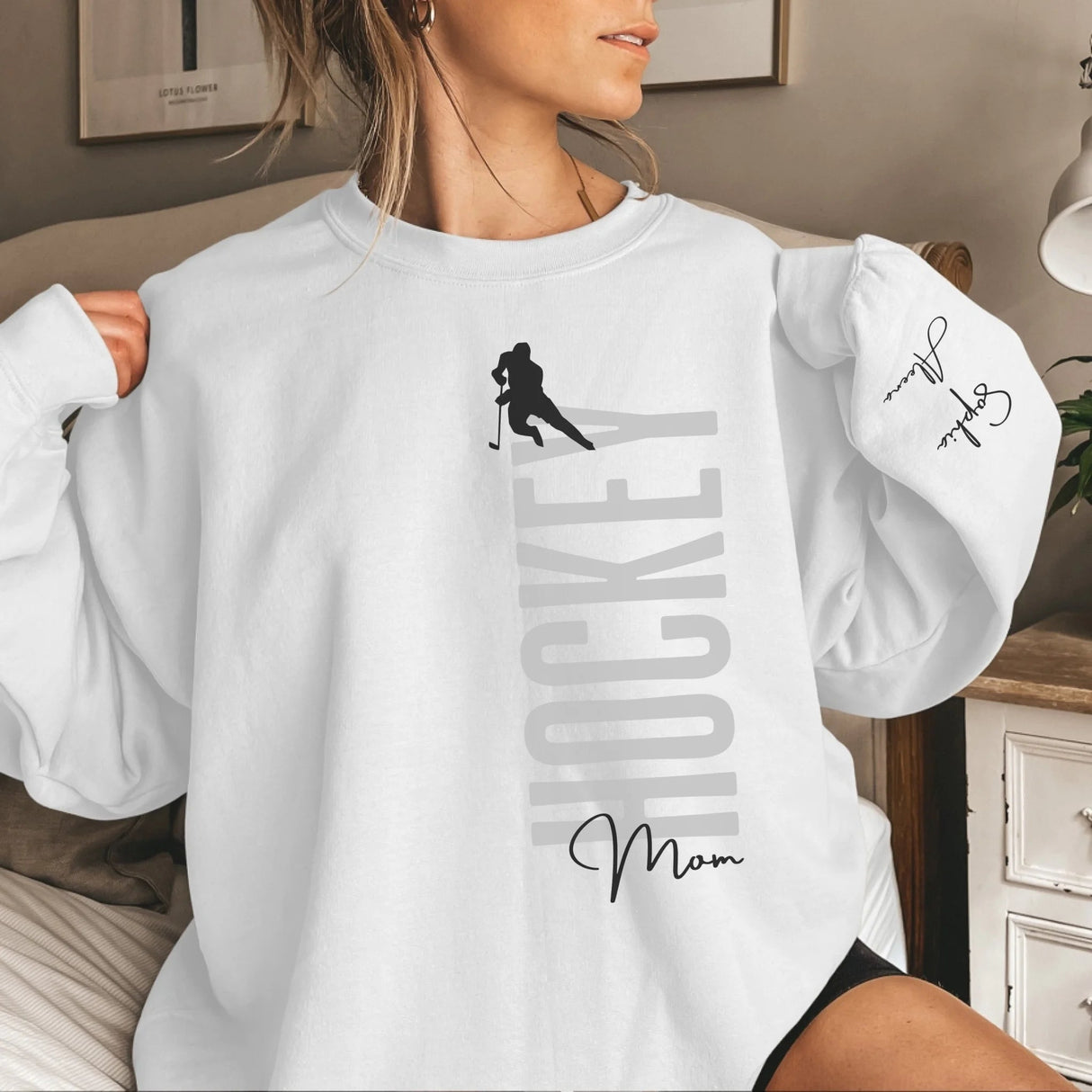 Personalized Hockey Mom on a Sweatshirt With Mascot, Icon, and Hockey Player Name on Sleeve on a Sweatshirt