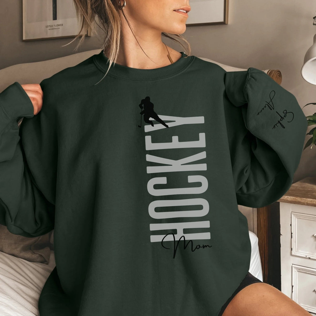 Personalized Hockey Mom on a Sweatshirt With Mascot, Icon, and Hockey Player Name on Sleeve on a Sweatshirt