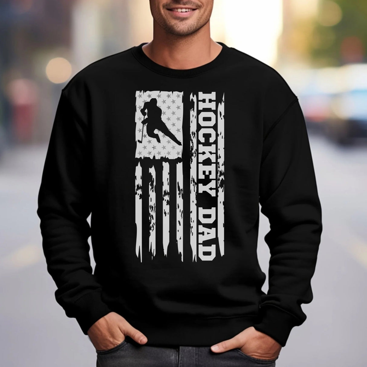 Hockey Dad Vertical Flag on a Sweatshirt with a White Graphic