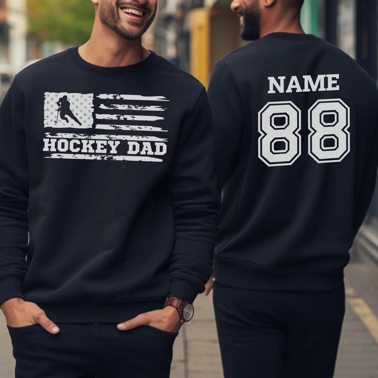 Hockey Dad Horizontal Flag With Hockey Player Name on a Sweatshirt with a White Graphic