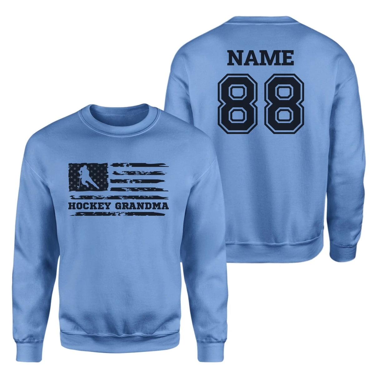 Hockey Grandma Horizontal Flag With Hockey Player Name on a Sweatshirt with a Black Graphic