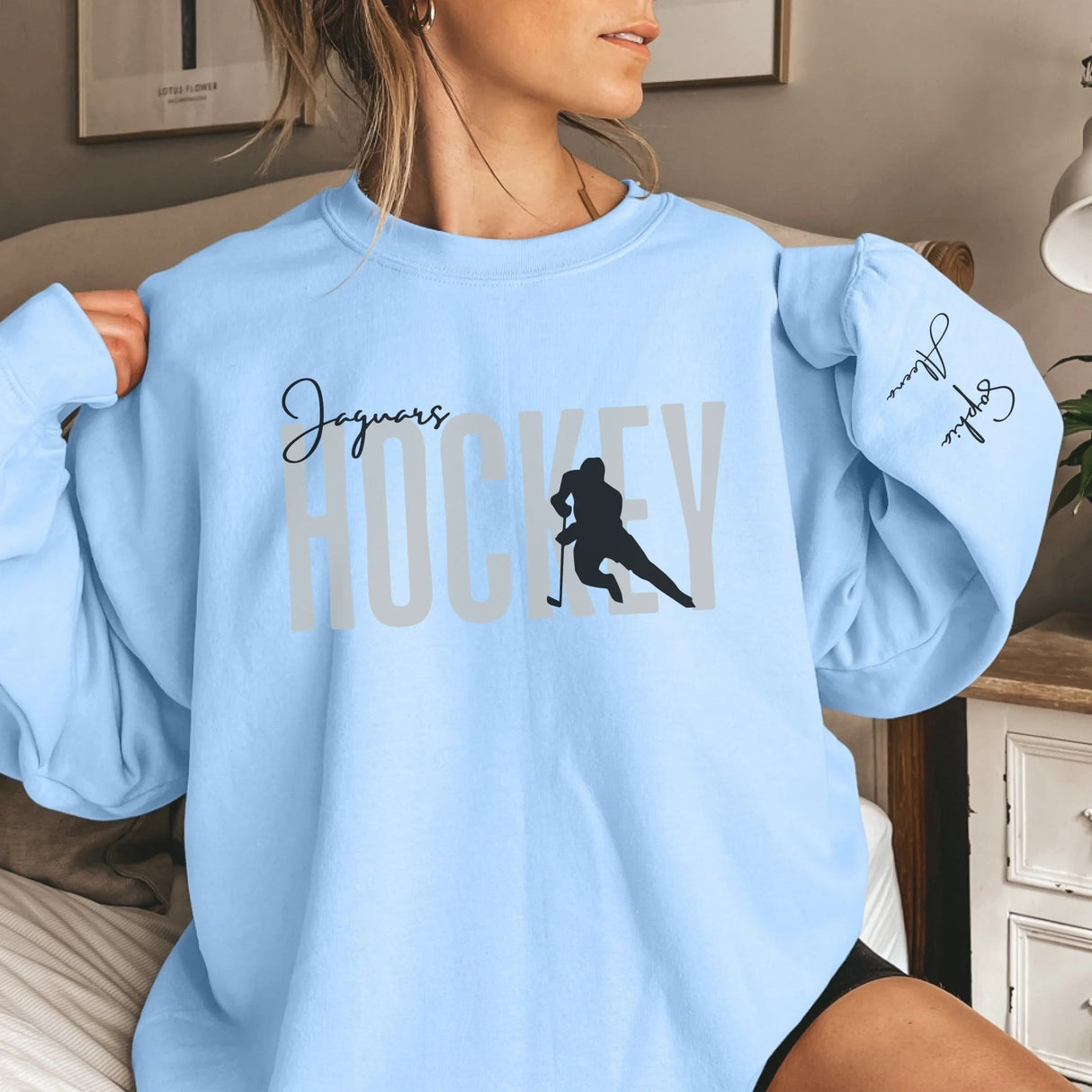 Personalized Hockey on a Sweatshirt With Modern Bold Design and Hockey Player Name on Sleeve on a Sweatshirt
