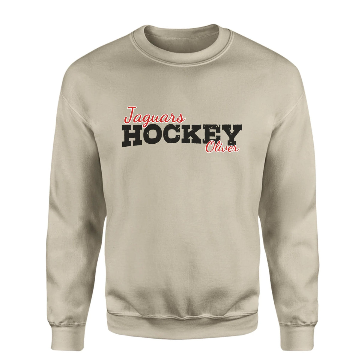 Custom Hockey Mascot and Hockey Player Name on a Sweatshirt with a Black Graphic