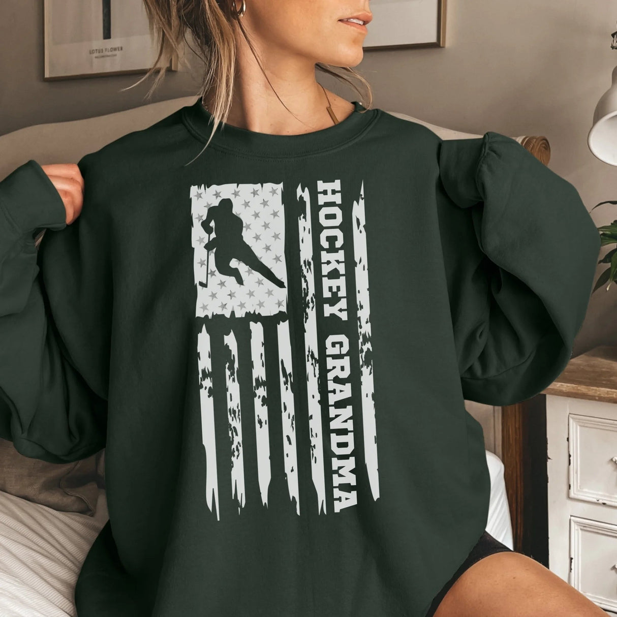 Hockey Grandma Vertical Flag on a Sweatshirt with a White Graphic