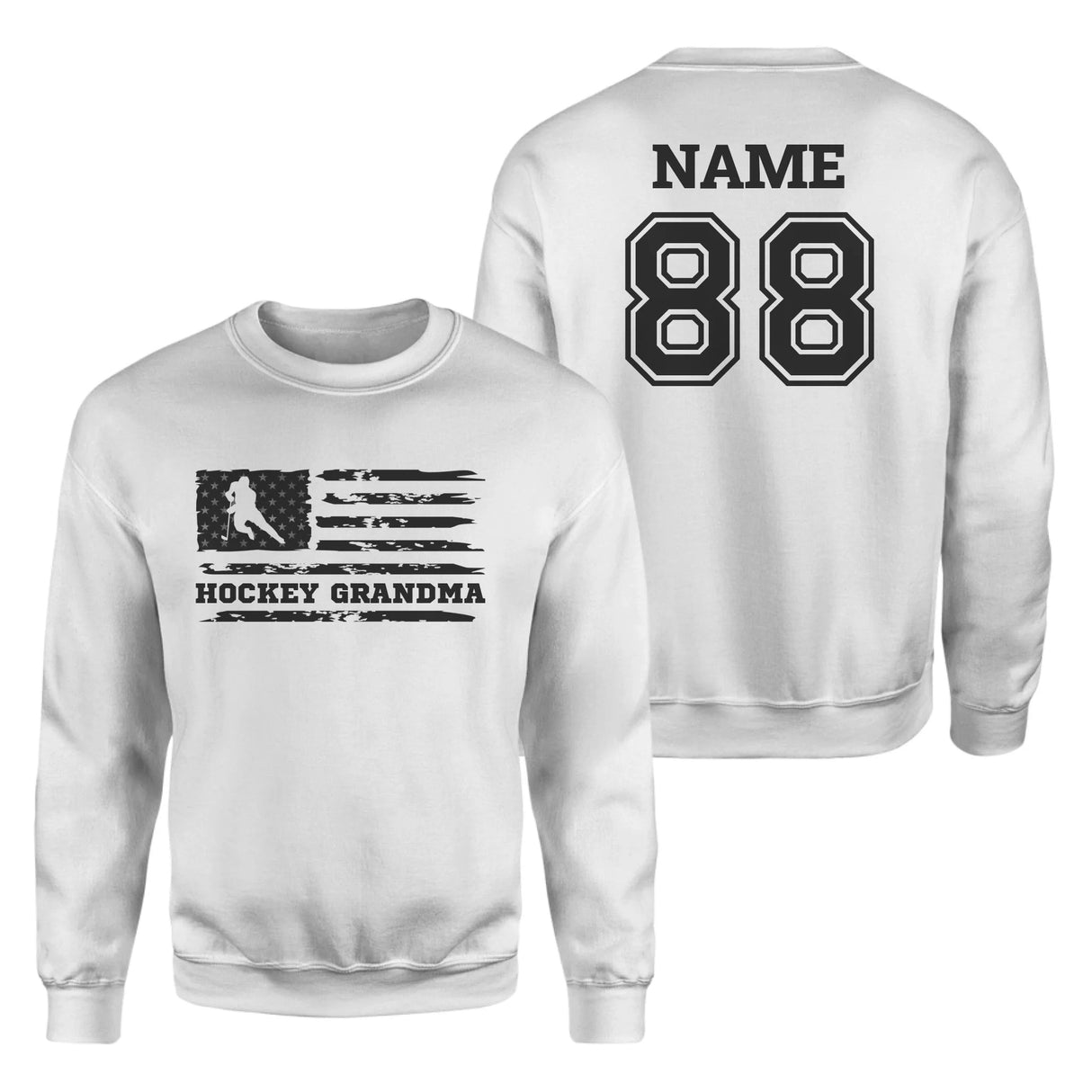 Hockey Grandma Horizontal Flag With Hockey Player Name on a Sweatshirt with a Black Graphic