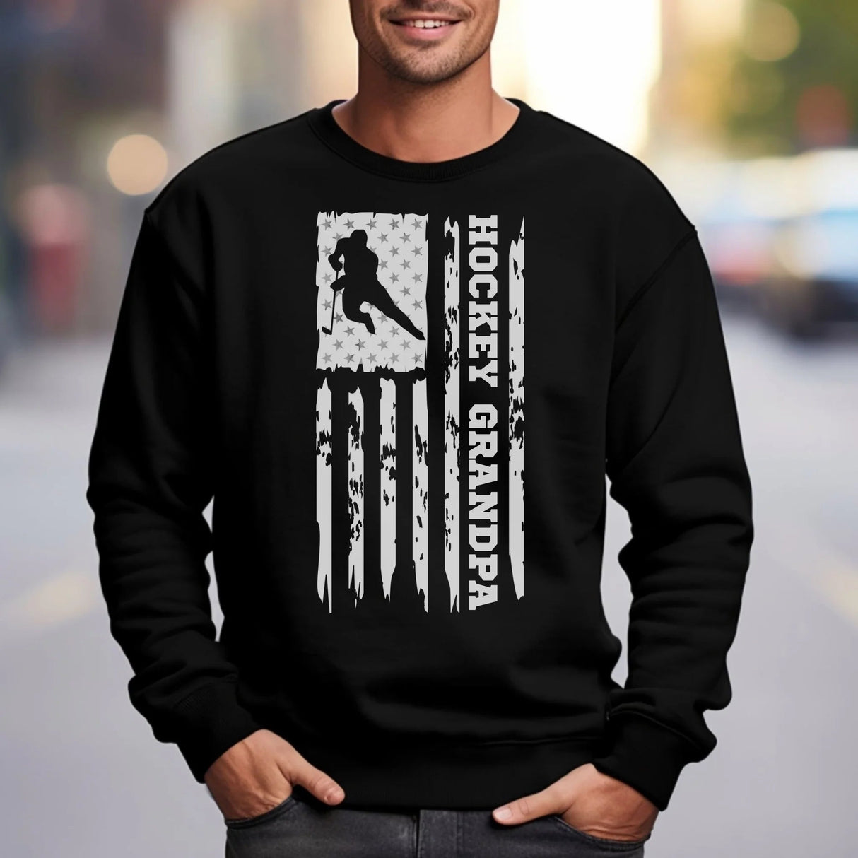 Hockey Grandpa Vertical Flag on a Sweatshirt with a White Graphic