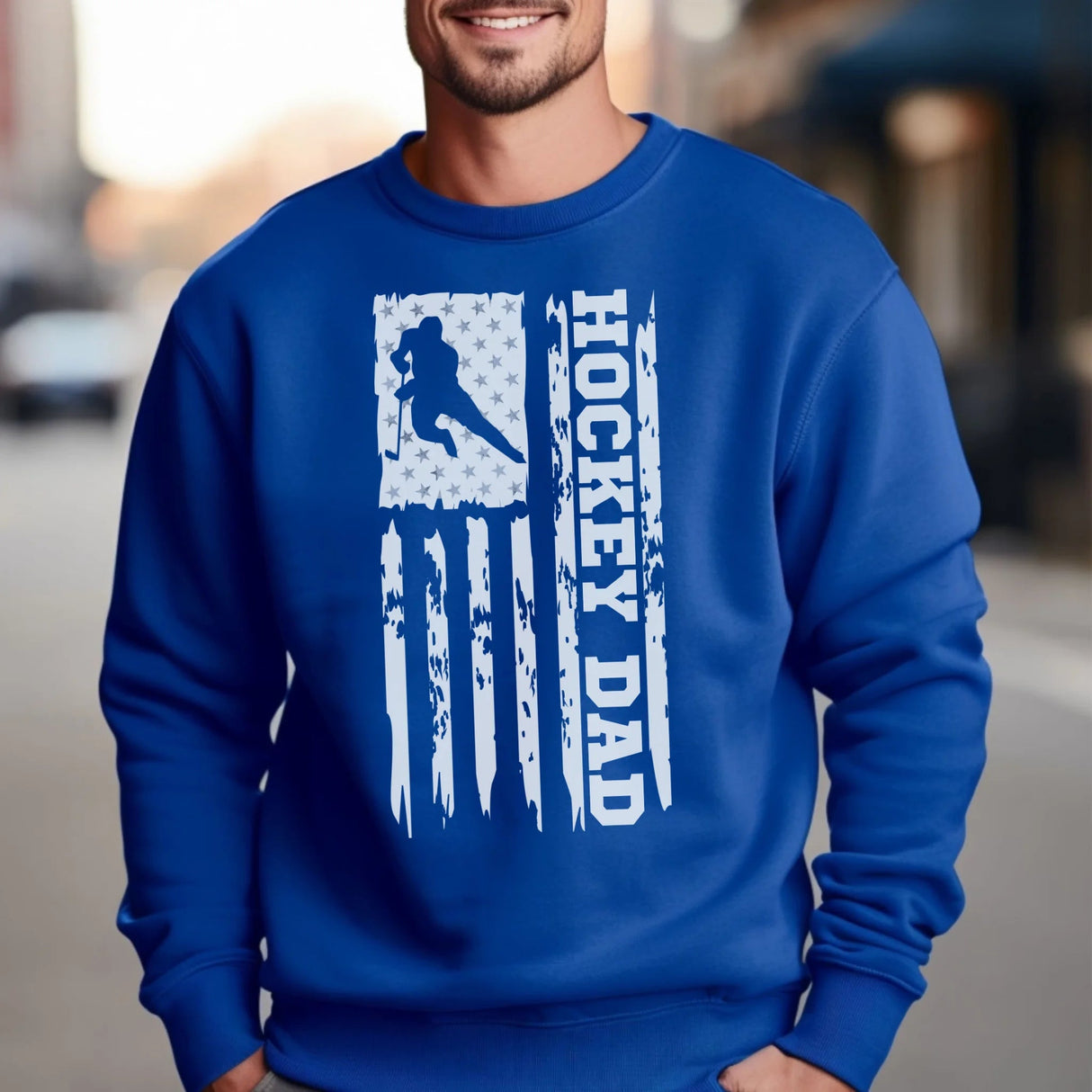 Hockey Dad Vertical Flag on a Sweatshirt with a White Graphic