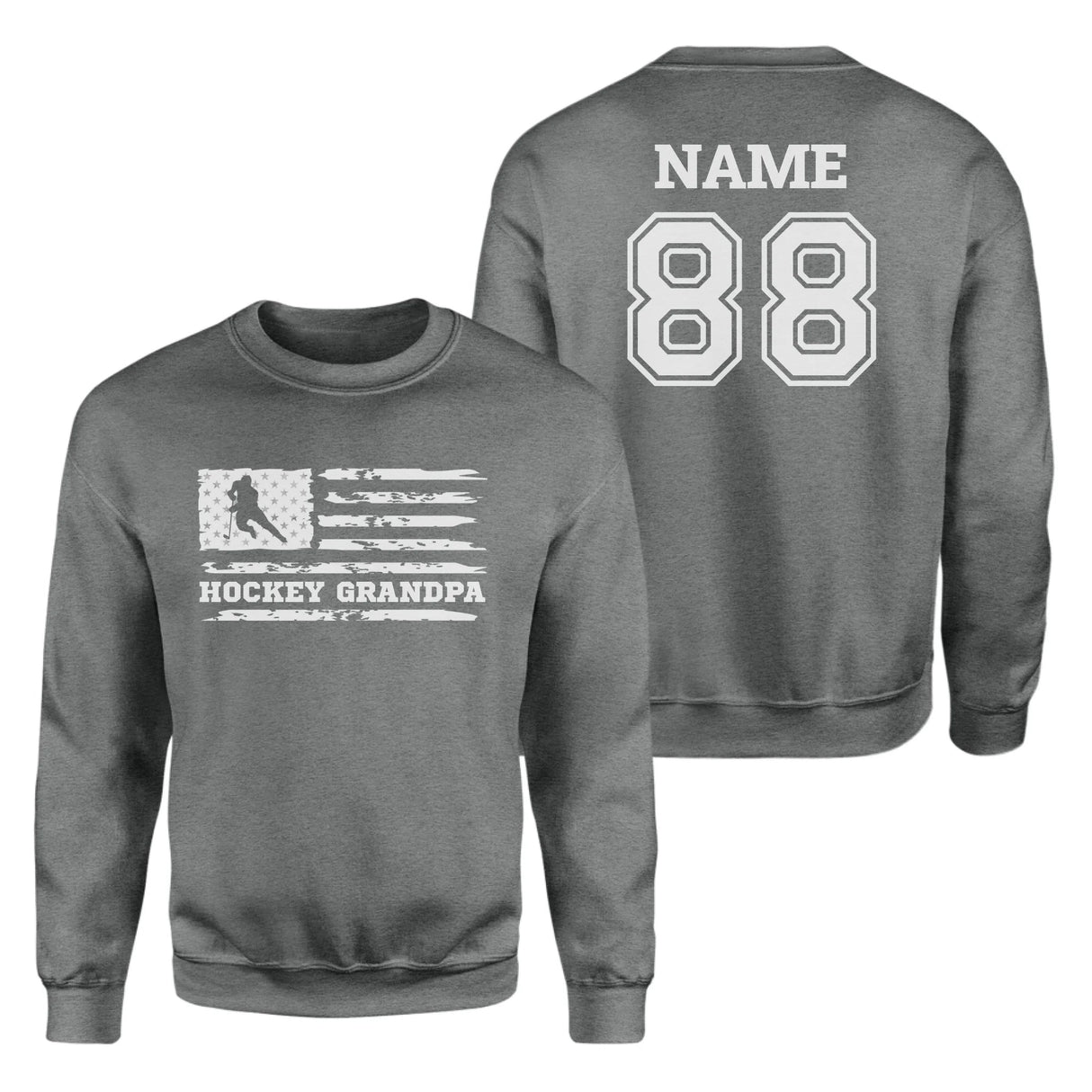 Hockey Grandpa Horizontal Flag With Hockey Player Name on a Sweatshirt with a White Graphic