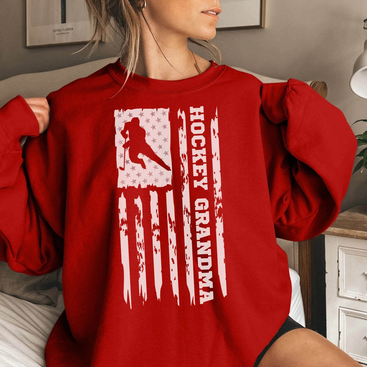 Hockey Grandma Vertical Flag on a Sweatshirt with a White Graphic