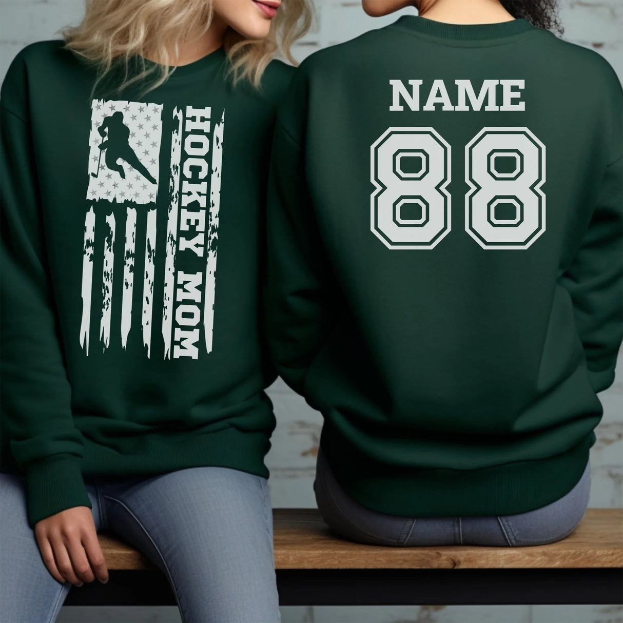 Hockey Mom Vertical Flag With Hockey Player Name on a Sweatshirt with a White Graphic