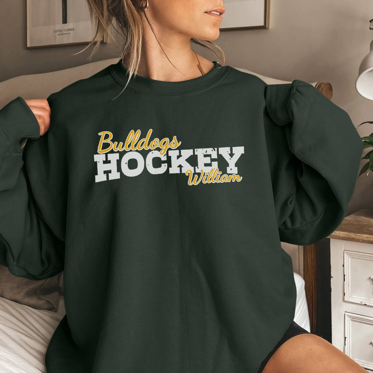 Custom Hockey Mascot and Hockey Player Name on a Sweatshirt with a White Graphic