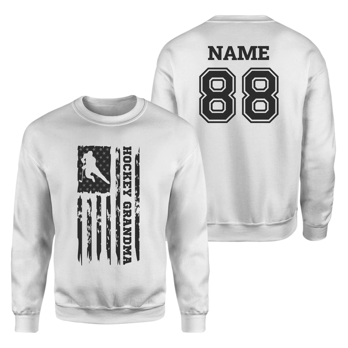 Hockey Grandma Vertical Flag With Hockey Player Name on a Sweatshirt with a Black Graphic