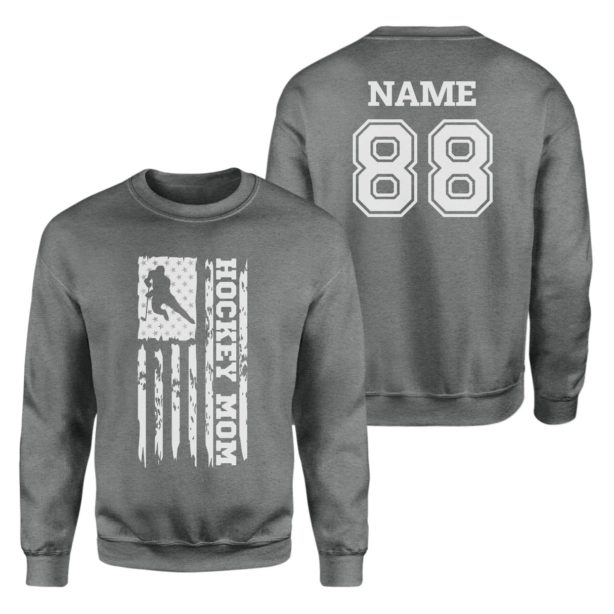 Hockey Mom Vertical Flag With Hockey Player Name on a Sweatshirt with a White Graphic