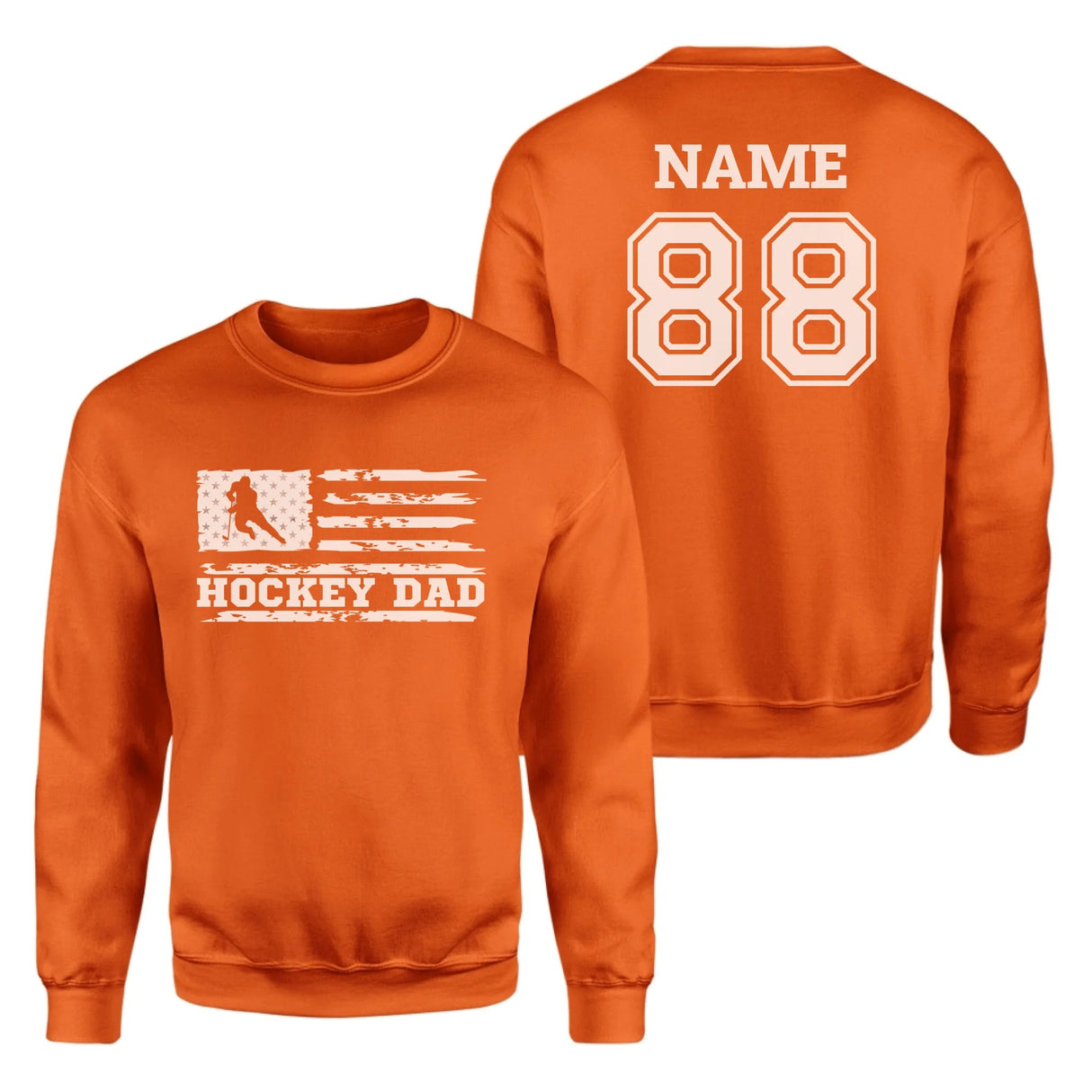 Hockey Dad Horizontal Flag With Hockey Player Name on a Sweatshirt with a White Graphic