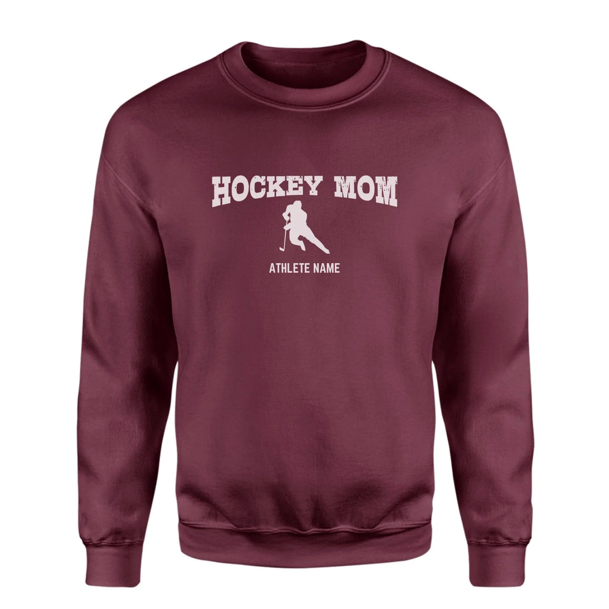Hockey Mom with Hockey Player Icon and Hockey Player Name on a Sweatshirt with a White Graphic