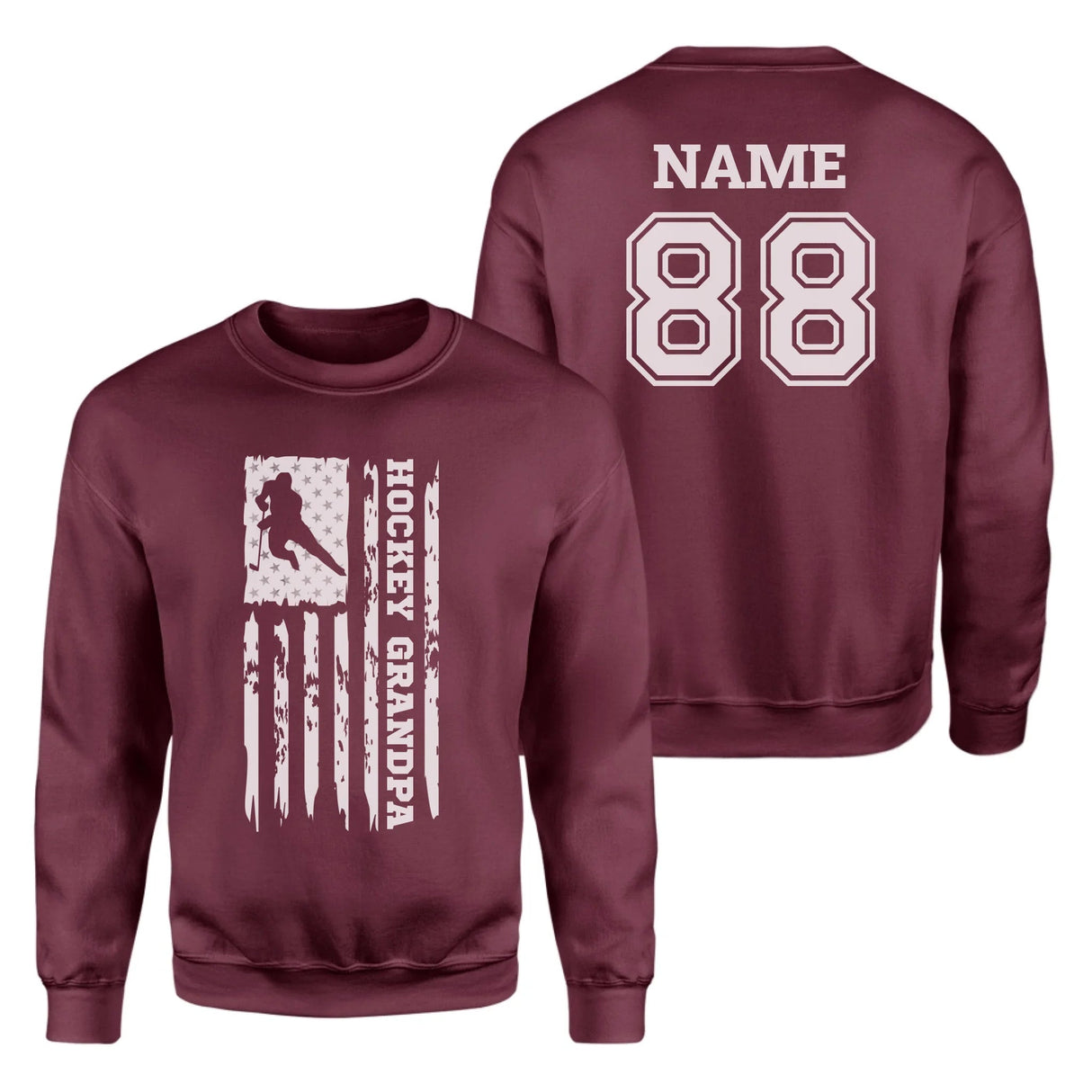 Hockey Grandpa Vertical Flag With Hockey Player Name on a Sweatshirt with a White Graphic