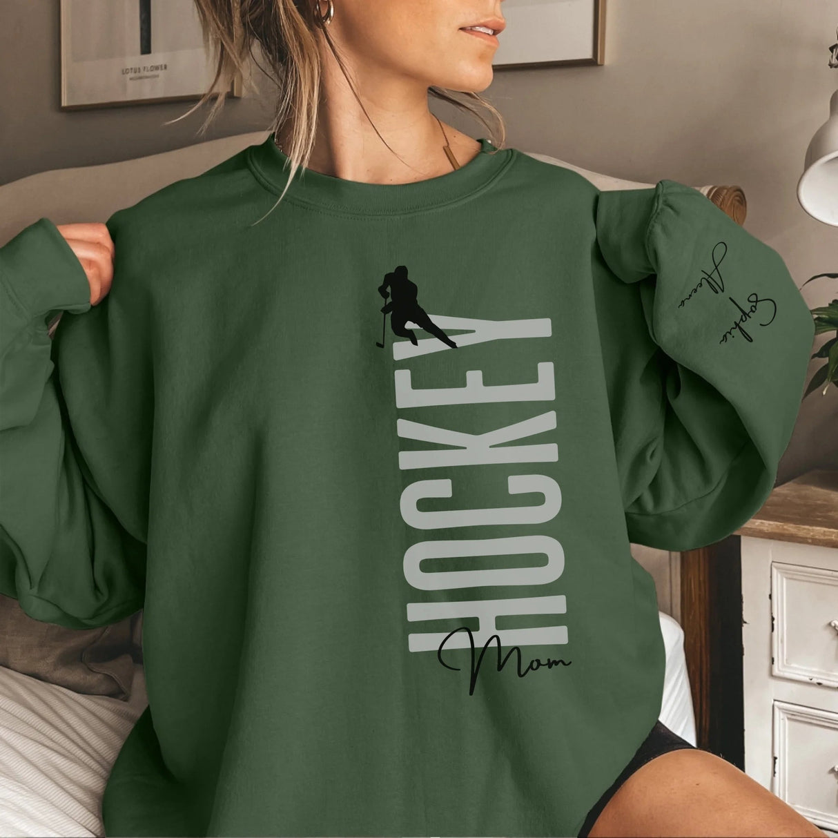 Personalized Hockey Mom on a Sweatshirt With Mascot, Icon, and Hockey Player Name on Sleeve on a Sweatshirt
