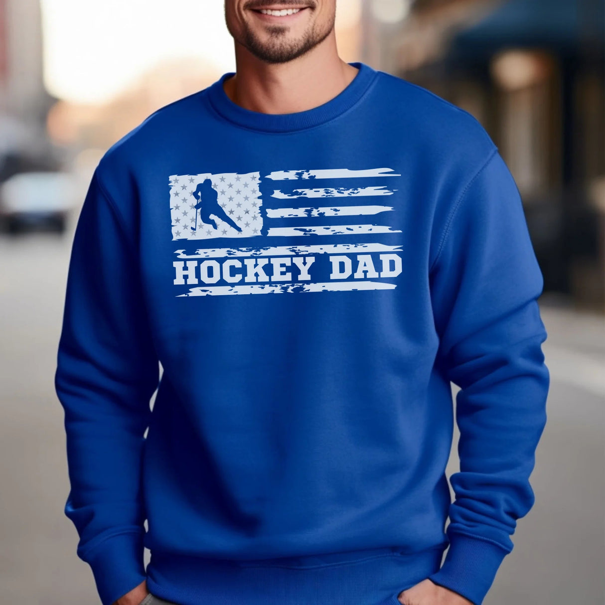 Hockey Dad Horizontal Flag on a Sweatshirt with a White Graphic