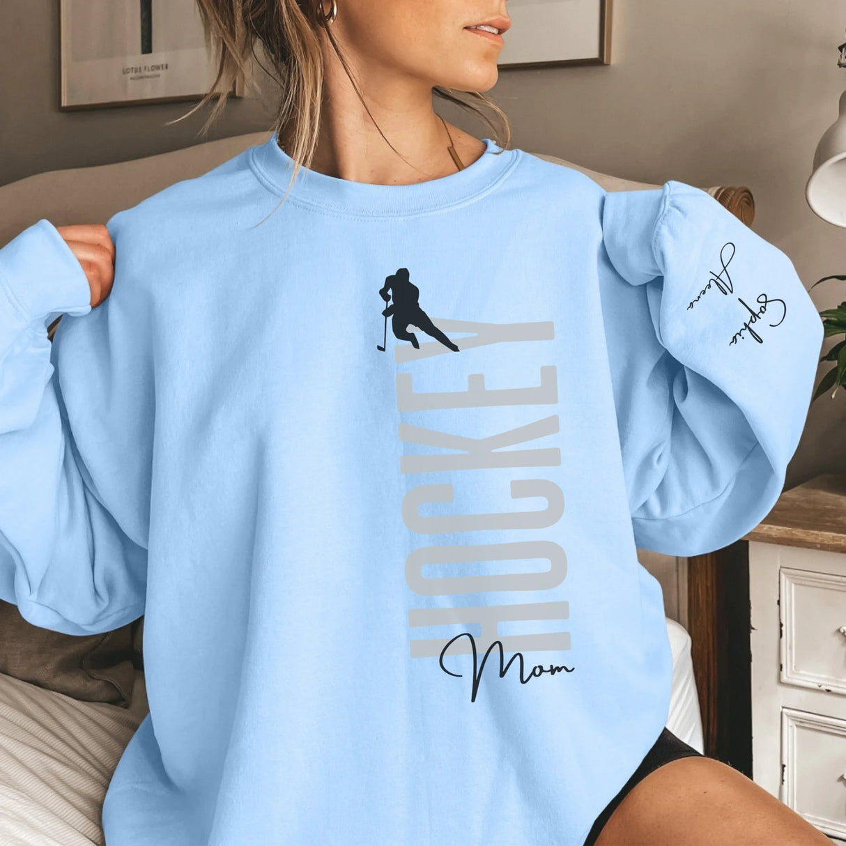 Personalized Hockey Mom on a Sweatshirt With Mascot, Icon, and Hockey Player Name on Sleeve on a Sweatshirt