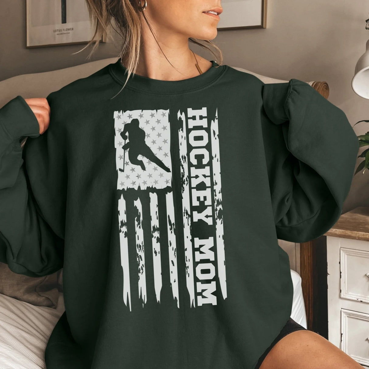 Hockey Mom Vertical Flag on a Sweatshirt with a White Graphic