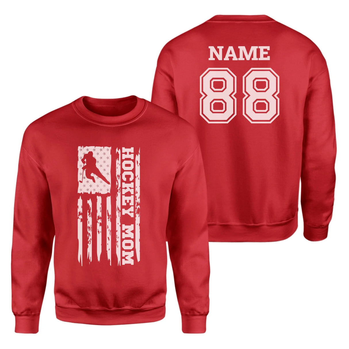 Hockey Mom Vertical Flag With Hockey Player Name on a Sweatshirt with a White Graphic