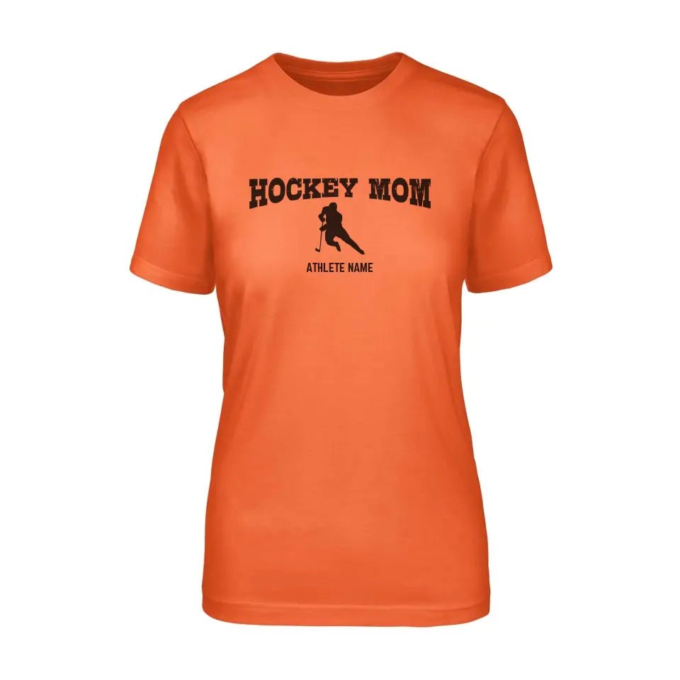 Hockey Mom with Hockey Player Icon and Hockey Player Name on a Unisex T-Shirt with a Black Graphic