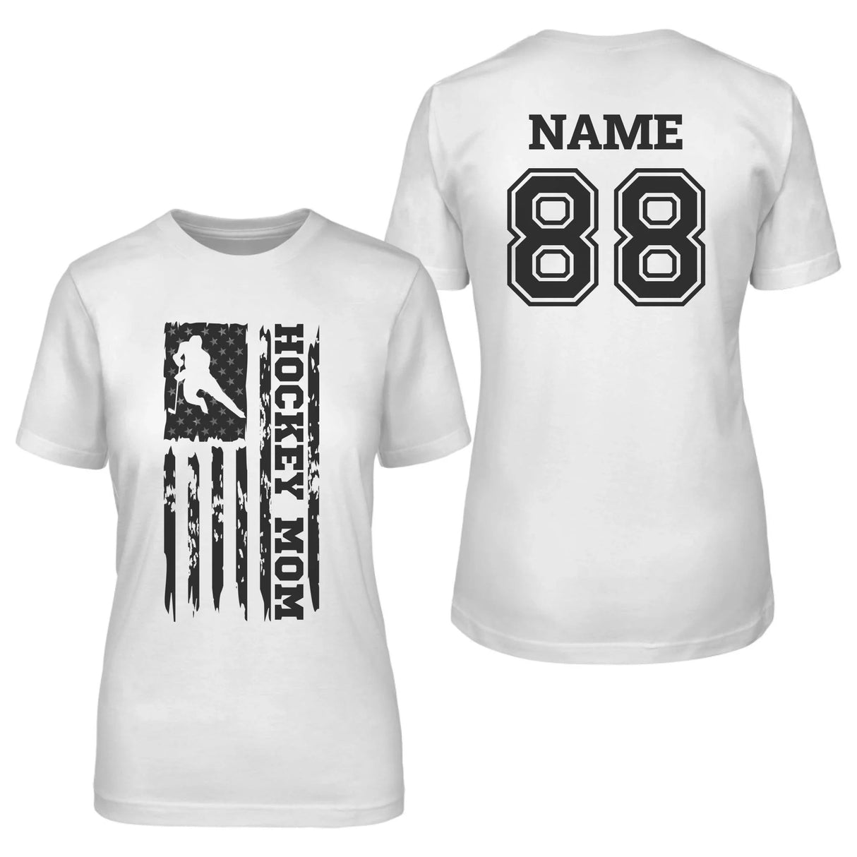 Hockey Mom Vertical Flag With Hockey Player Name on a Unisex T-Shirt with a Black Graphic