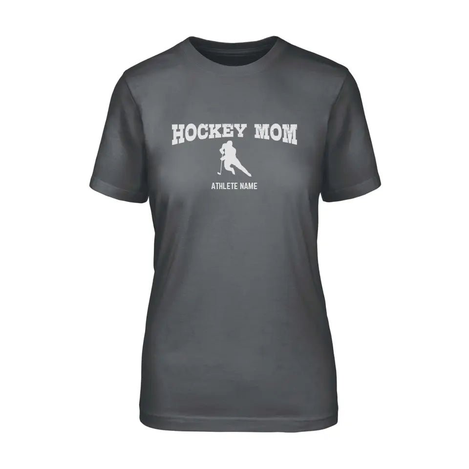 Hockey Mom with Hockey Player Icon and Hockey Player Name on a Unisex T-Shirt with a White Graphic