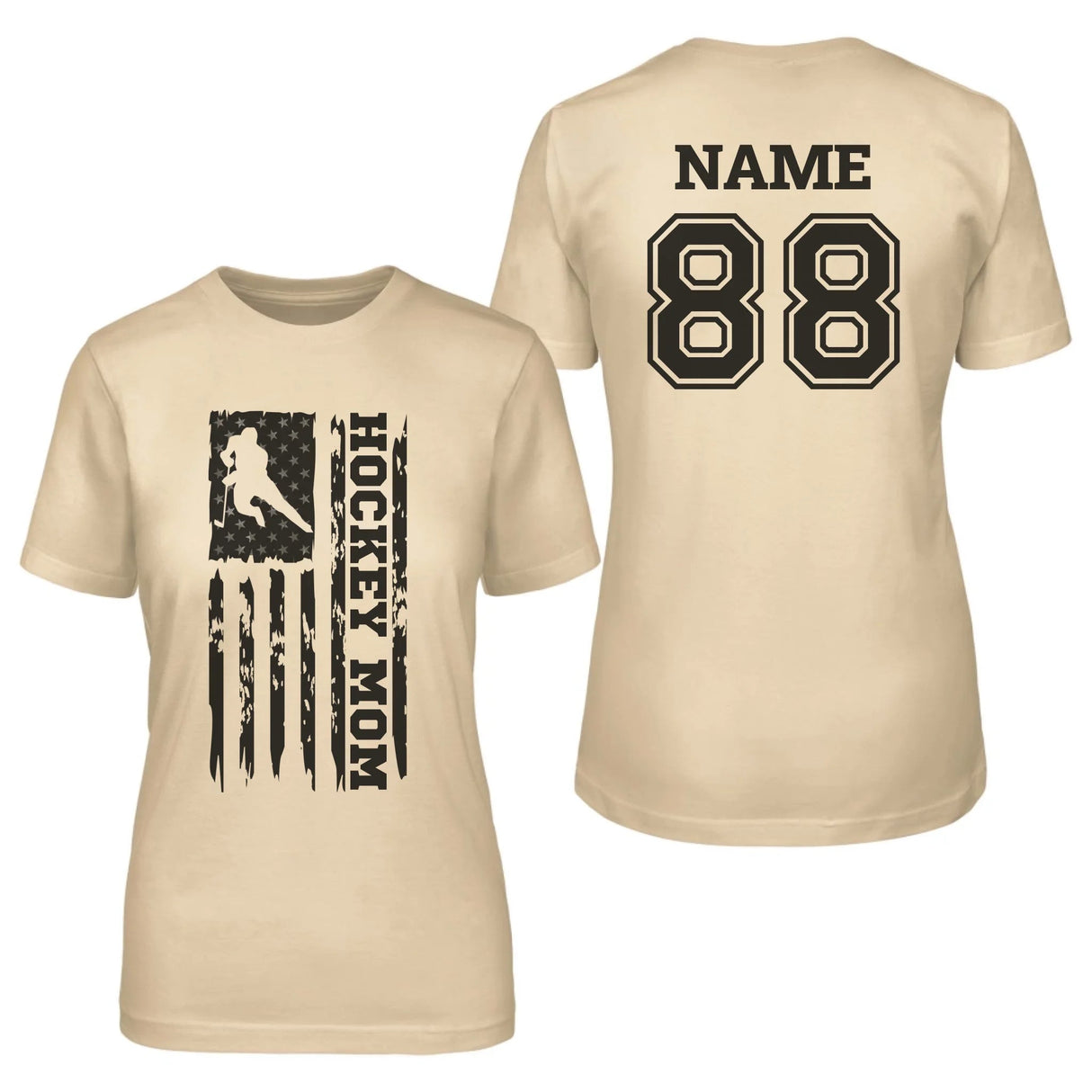 Hockey Mom Vertical Flag With Hockey Player Name on a Unisex T-Shirt with a Black Graphic