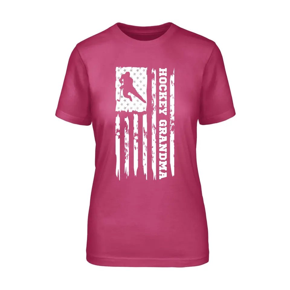 Hockey Grandma Vertical Flag on a Unisex T-Shirt with a White Graphic