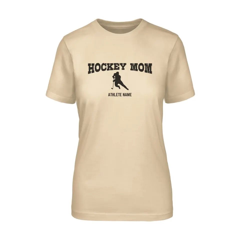 Hockey Mom with Hockey Player Icon and Hockey Player Name on a Unisex T-Shirt with a Black Graphic