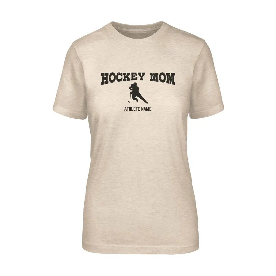 Hockey Mom with Hockey Player Icon and Hockey Player Name on a Unisex T-Shirt with a Black Graphic