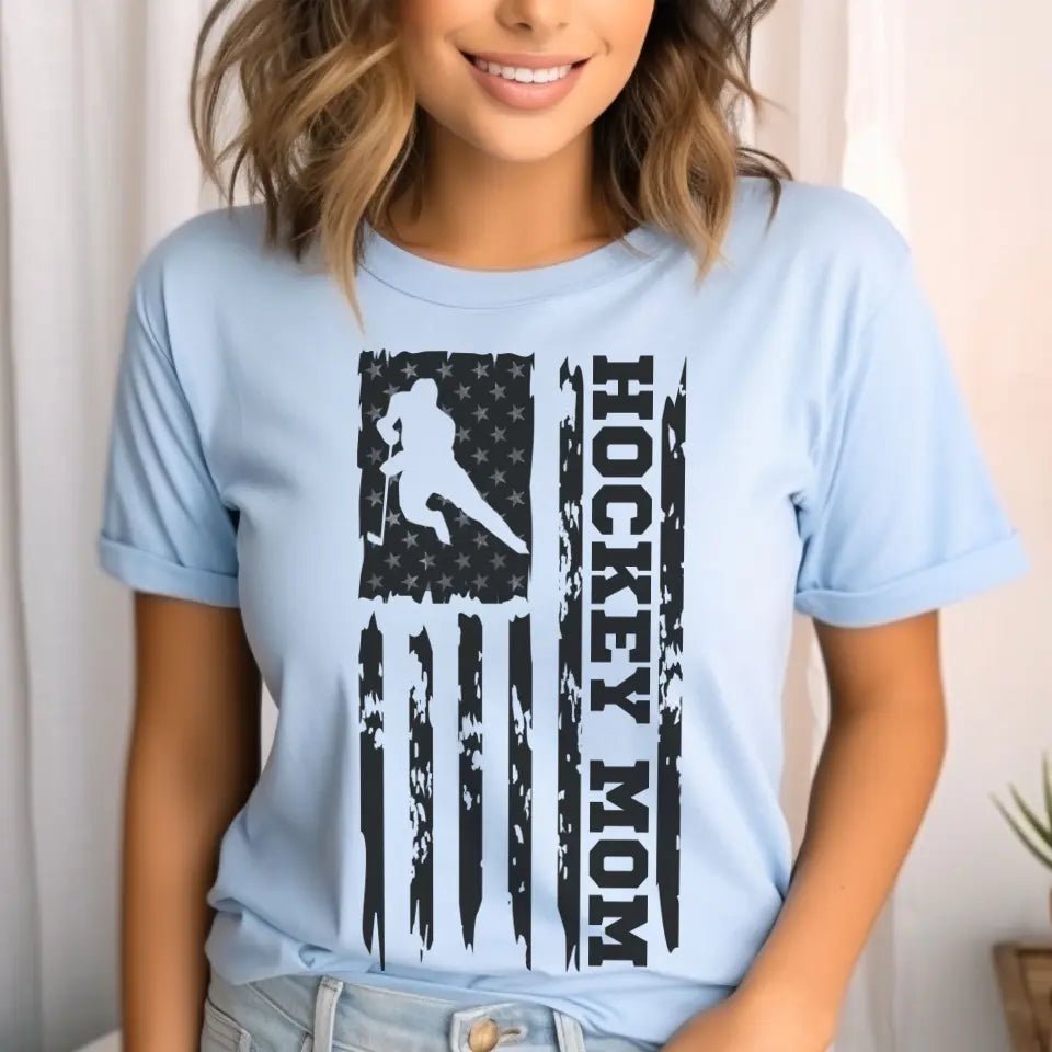 Hockey Mom Vertical Flag on a Unisex T-Shirt with a Black Graphic