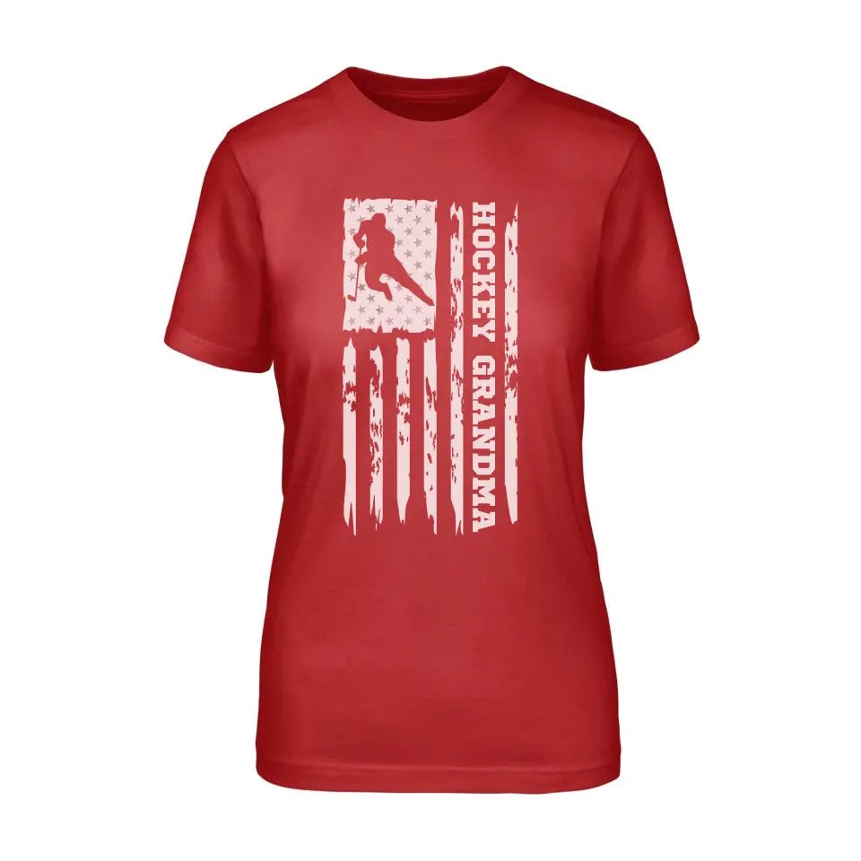 Hockey Grandma Vertical Flag on a Unisex T-Shirt with a White Graphic