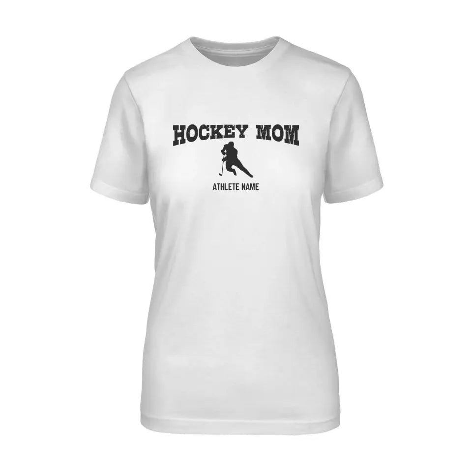 Hockey Mom with Hockey Player Icon and Hockey Player Name on a Unisex T-Shirt with a Black Graphic