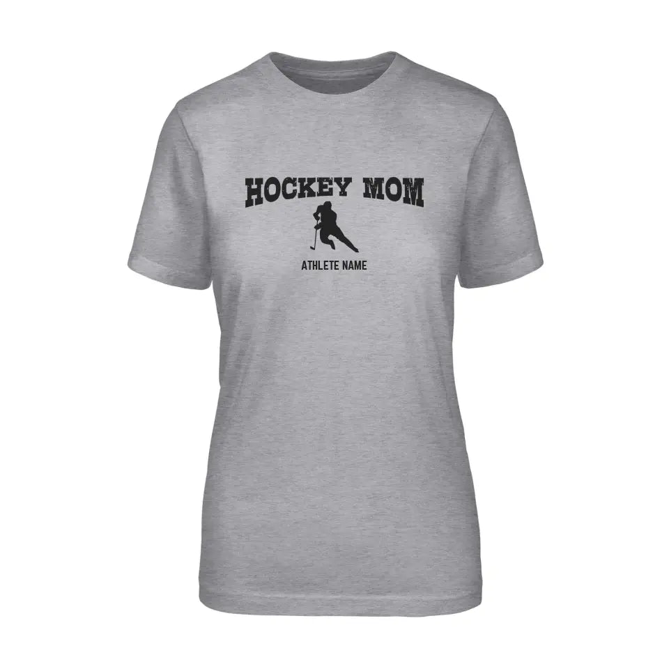 Hockey Mom with Hockey Player Icon and Hockey Player Name on a Unisex T-Shirt with a Black Graphic