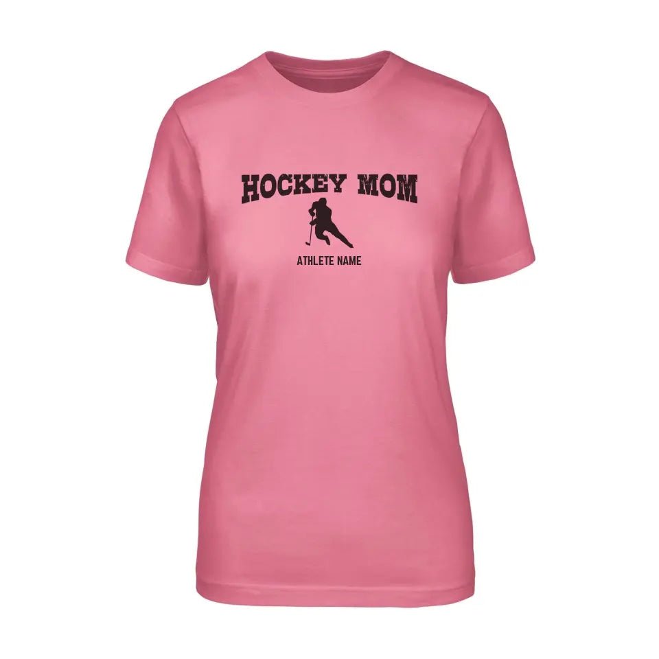 Hockey Mom with Hockey Player Icon and Hockey Player Name on a Unisex T-Shirt with a Black Graphic