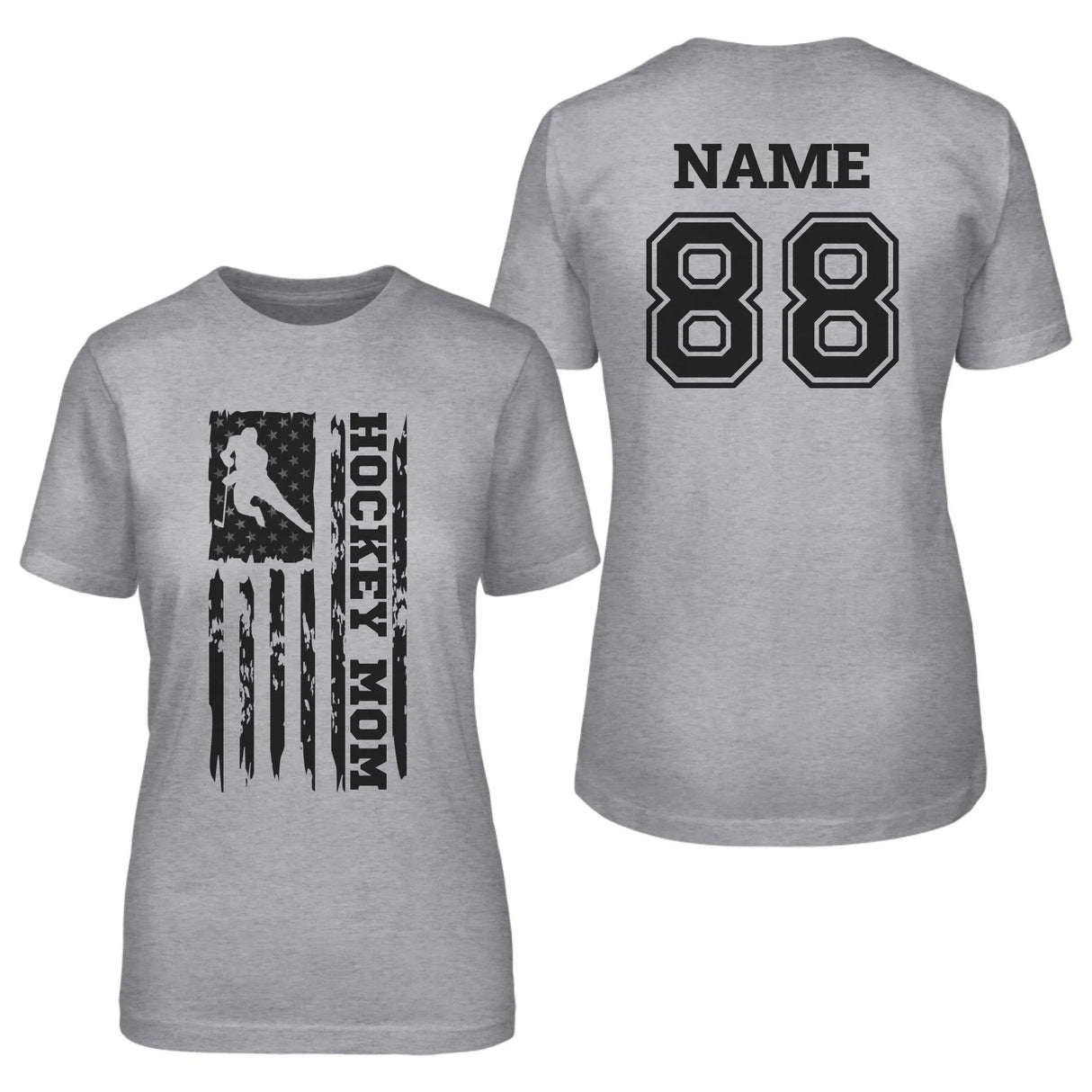 Hockey Mom Vertical Flag With Hockey Player Name on a Unisex T-Shirt with a Black Graphic