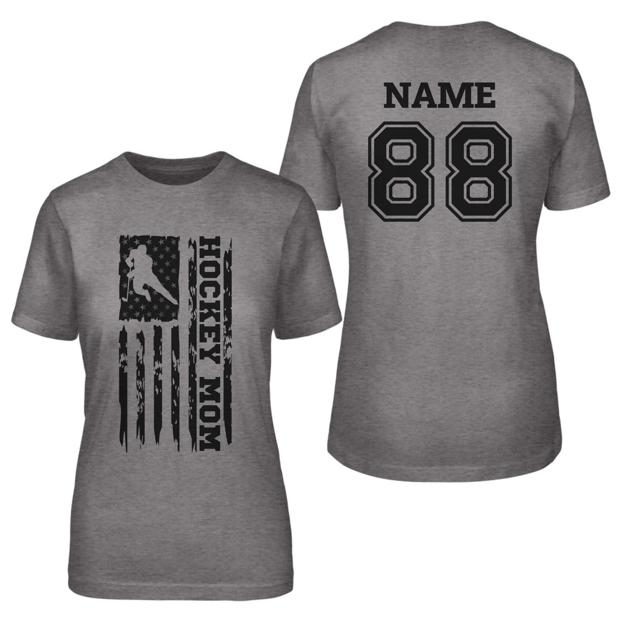 Hockey Mom Vertical Flag With Hockey Player Name on a Unisex T-Shirt with a Black Graphic