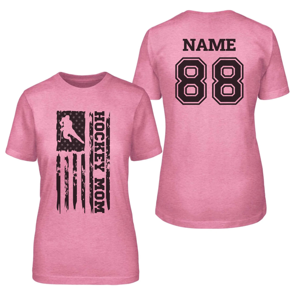 Hockey Mom Vertical Flag With Hockey Player Name on a Unisex T-Shirt with a Black Graphic