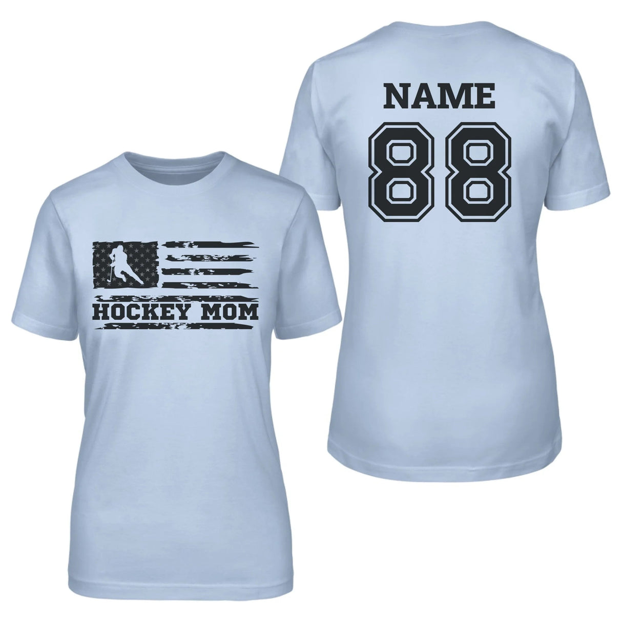 Hockey Mom Horizontal Flag With Hockey Player Name on a Unisex T-Shirt with a Black Graphic