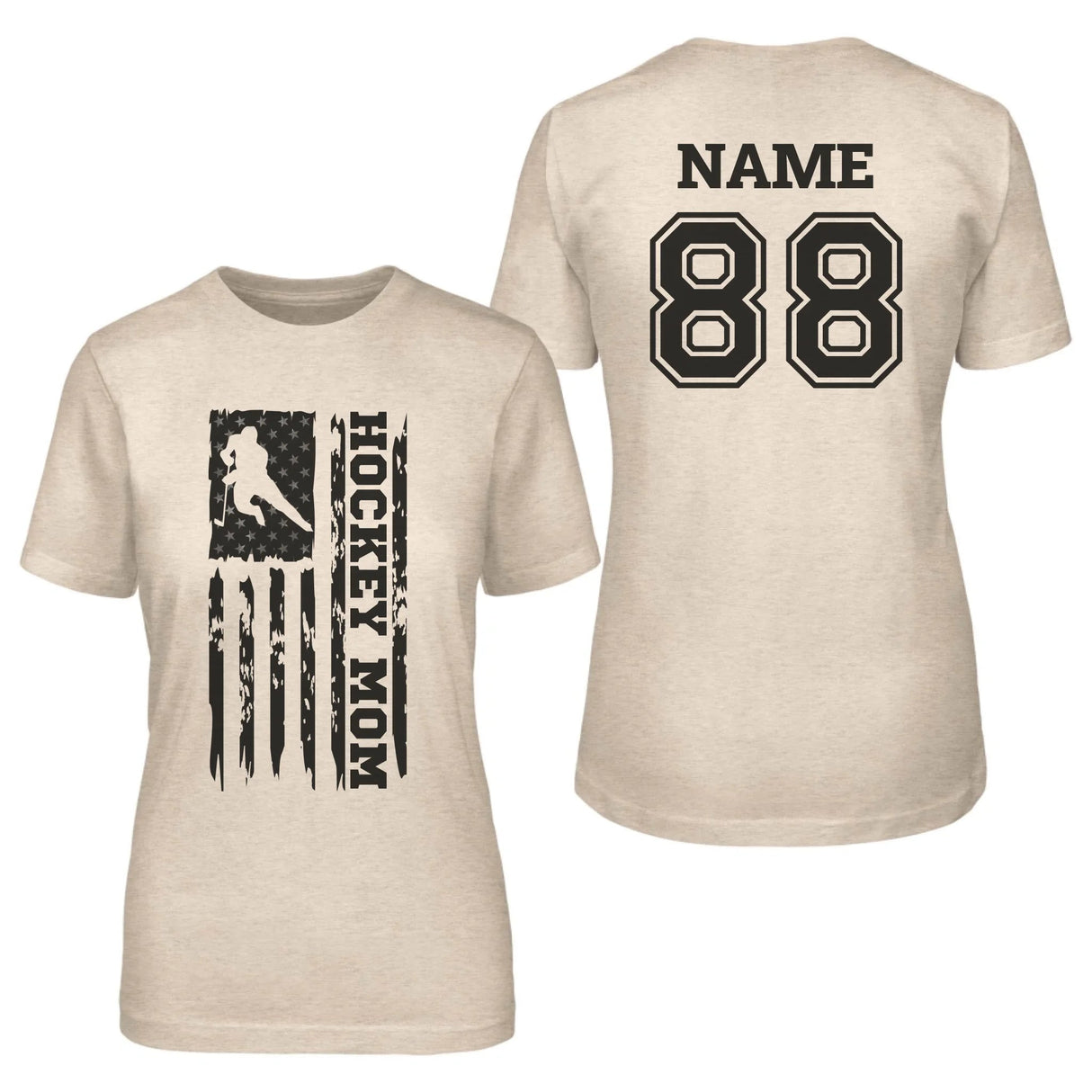 Hockey Mom Vertical Flag With Hockey Player Name on a Unisex T-Shirt with a Black Graphic